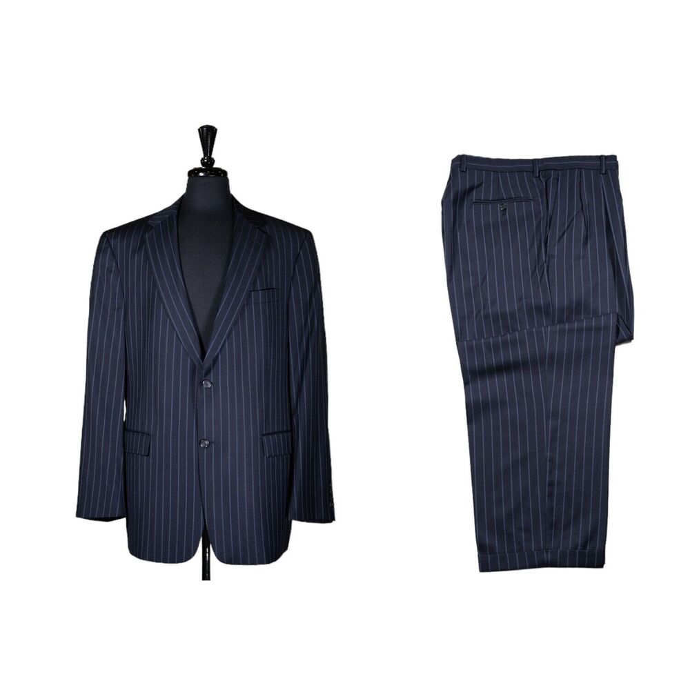 Hart Schaffner Marx Mens Suit 2 Piece Blue Striped Blazer Jacket 46L Pants 36x29